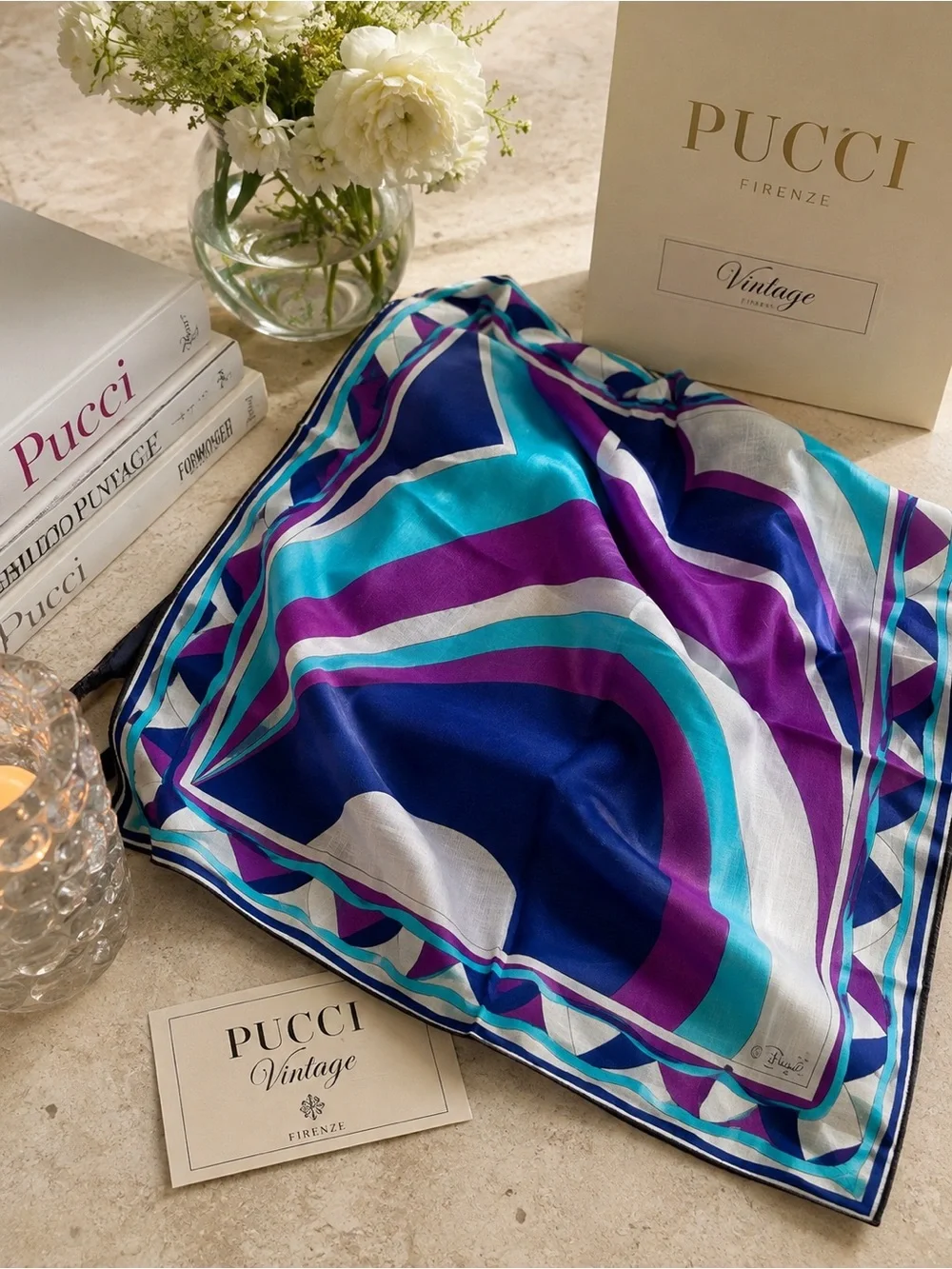 Emilio Pucci VINTAGE Silk Scarf in Blue, Turquoise & Purple Geometric Print